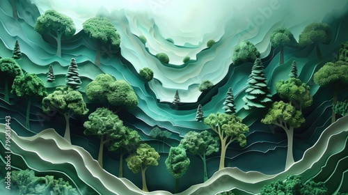 Layered paper-cut art depicting lush green forest with intricate detailing and textured depth