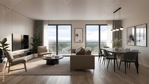 Interior design of modern Scandinavian apartment, living room and dining room, panorama ©  InteriorDesigner