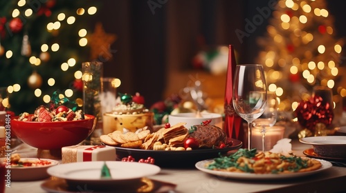 Christmas Dinner table full of dishes with food and snacks  New Year s decor with a Christmas tree on the background.