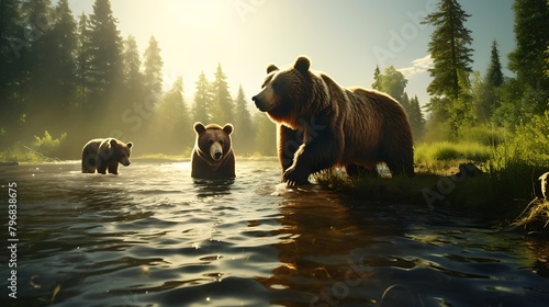 A Family of Bears Fishing in a Crystal-Clear Mountain Stream: Observing Nature's Harmony and Survival Instincts





 photo