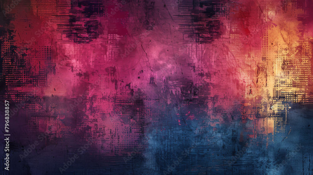 Vibrant abstract background with grunge texture in pink, blue, and yellow tones