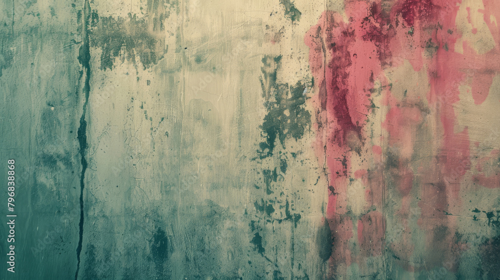 Detailed shot of a weathered wall with peeling paint, grunge elements, and red splashes