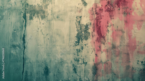 Detailed shot of a weathered wall with peeling paint, grunge elements, and red splashes