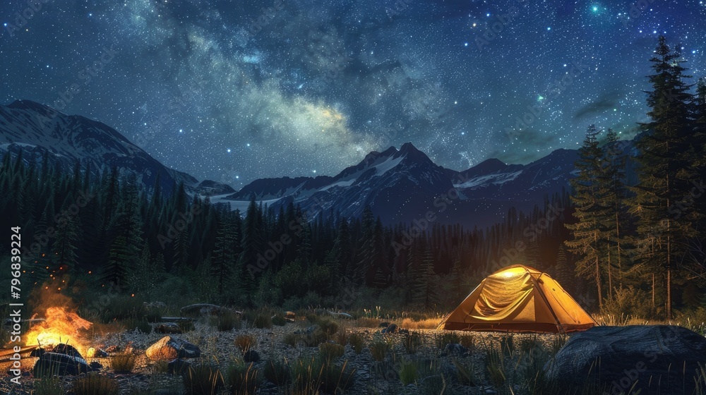 Immerse viewers in a photorealistic wilderness camping scene at eye-level with extended reality overlays of constellations in a deep, starlit sky,