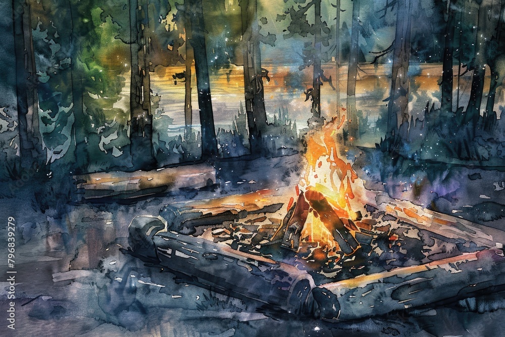 Wilderness camping from a watercolor perspective highlighted by augmented reality features like a crackling campfire igniting with warmth