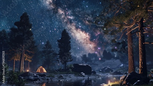 Immerse viewers in a photorealistic wilderness camping scene at eye-level with extended reality overlays of constellations in a deep, starlit sky,