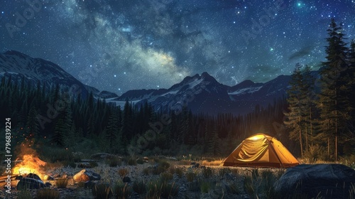 Immerse viewers in a photorealistic wilderness camping scene at eye-level with extended reality overlays of constellations in a deep, starlit sky, photo