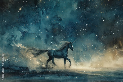 Showcase the enigmatic elegance of a graceful unicorn prancing under the shimmering stars, its mane flowing like liquid silver under the moonlit sky photo