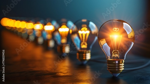 Shining Idea Amid a Row of Illuminating Bulbs Symbolizing Innovation and Creativity