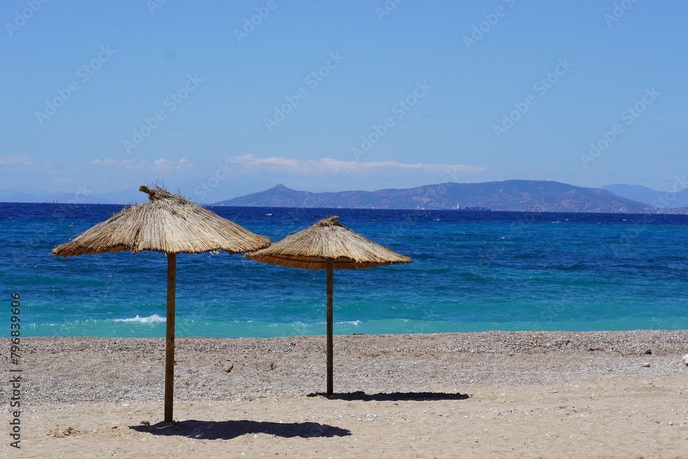 View of a beach in Glyfada, Greece, on a sunny day of April