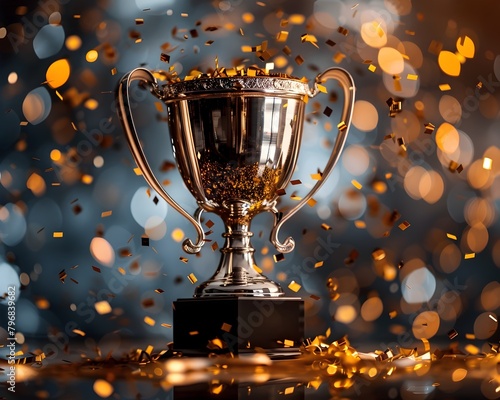 Close up of Polished Silver Trophy Cup with Shimmering Golden Confetti and Colorful Victory Ribbons in a Celebratory Setting