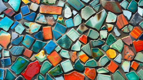 Vibrant and textured mosaic from assorted ceramic fragments