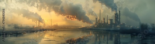 Looming Industrial Skyline Casts Ominous Shadow over Riverbank Amidst Billowing Smoke and Smoldering Sunset © Thares2020