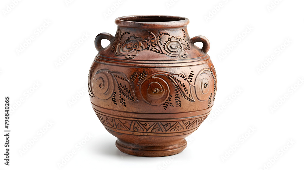 Ancient vase isolated on white background Clay vase isolated on white background Clay vase with floral ornament on wooden table in home interior.

