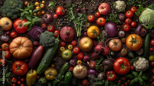 A colorful assortment of vegetables and fruits, including tomatoes, cucumbers, and broccoli. Concept of abundance and freshness, showcasing the variety of produce available