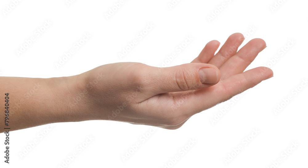 Woman holding something in hand on white background, closeup