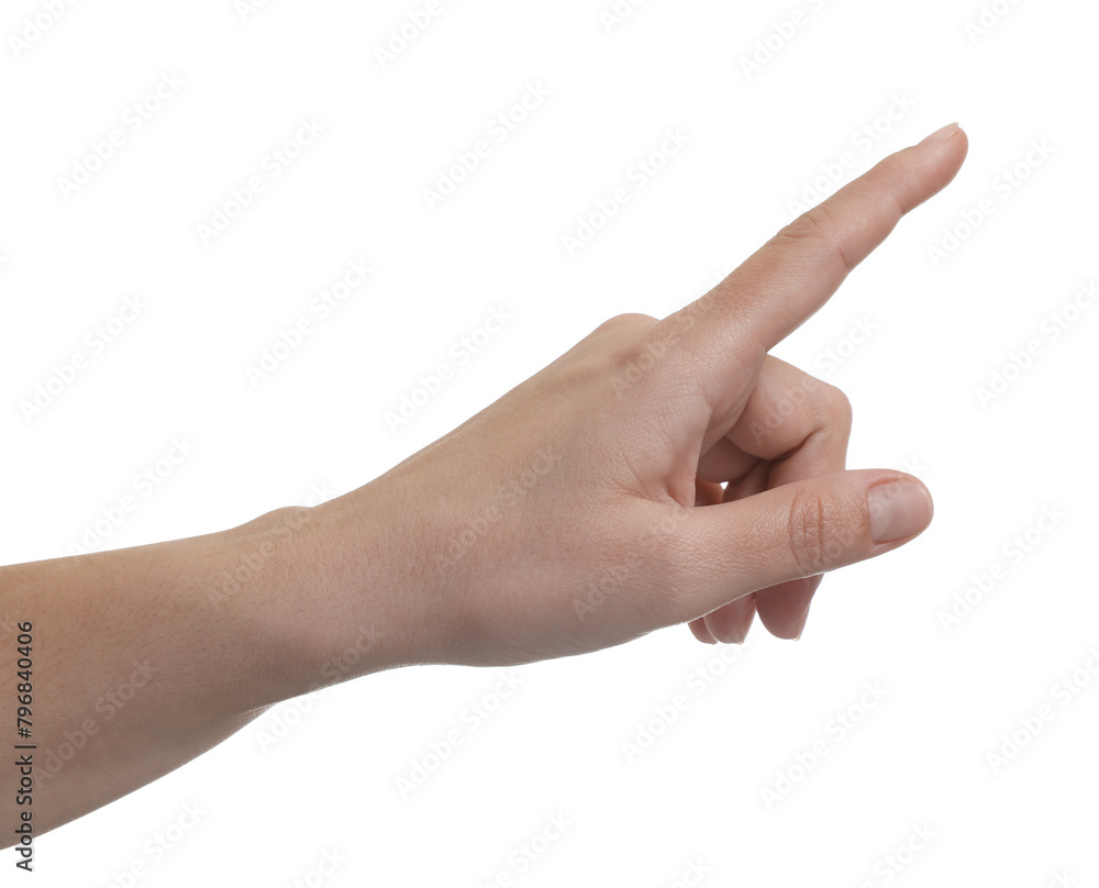 Woman pointing at something on white background, closeup Woman pointing at something on white background, closeup