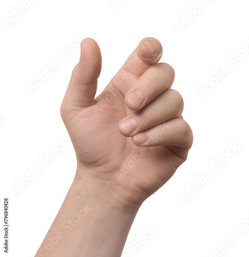 Man holding something in hand on white background, closeup