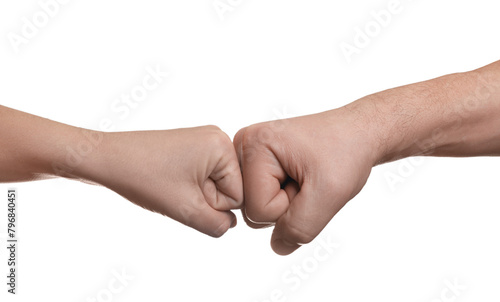 People making fist bump on white background, closeup