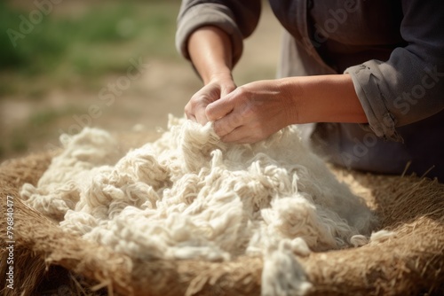 Old man gathers sheared sheep wool from ground on farm yard closeup. Mature farmer processes animal fur in ancient way outdoors. Traditional crafts of woven material producing at countryside
