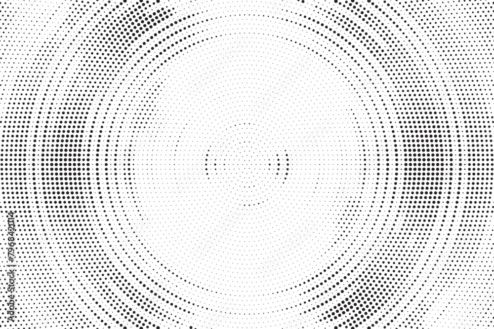 Radial halftone gradient background. Dotted concentric texture with fading effect. Black and white circle shade wallpaper. Grunge rough vector. Monochrome backdrop