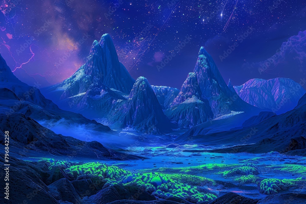 aweinspiring alien planet with towering mountains and bioluminescent ...