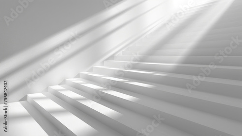 Soft light pours through the window, casting shadows on a modern white staircase