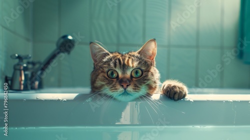 A cat begrudgingly enduring a bath while perched on the edge of a bathtub, its expression conveying a mix of annoyance and resignation. photo