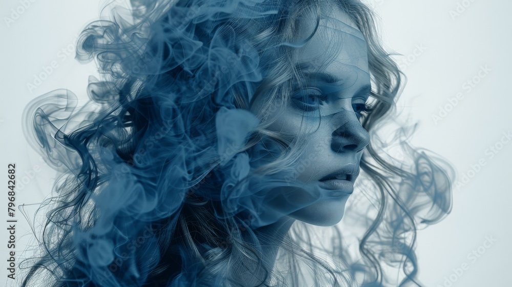 A woman with blue smoke coming out of her hair, AI