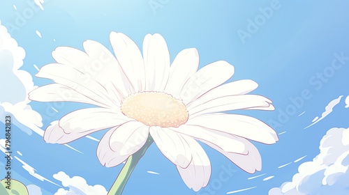 Design a high-resolution digital image of a low-angle view daisy in a photorealistic style  emphasizing the intricate details of the flower under the bright sunlight  creating a mesmerizing and lifeli