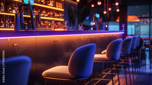 Modern Bar Interior with Neon Lighting and Stylish Stools