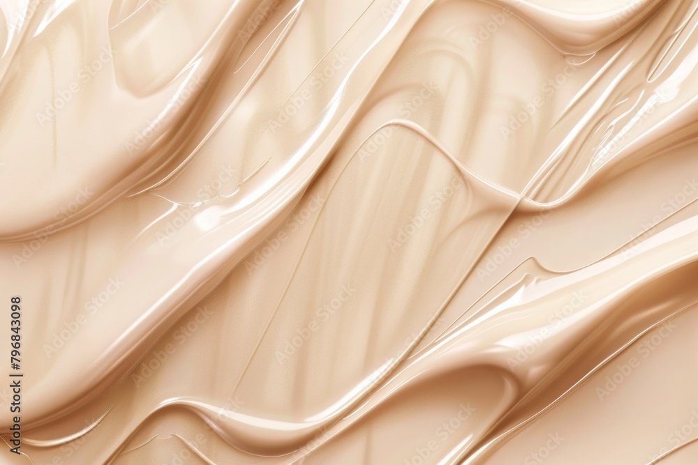 Fototapeta premium cosmetic tonal foundation cream or serum glowing texture on beige background in wavy lines