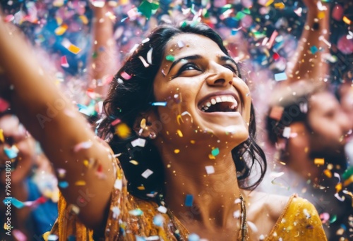 'woman Indian confetti excited looking Happy smile excite person female diverse glad moment surprise one playful carnival falling glistering enjoyment positive emotio' photo