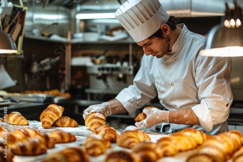 pastry chef making croissants at bakery or cafe kitchen with hands in gloves closeup