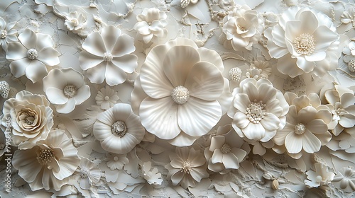 Design a monochromatic floral collage focusing on the elegance of white blooms.