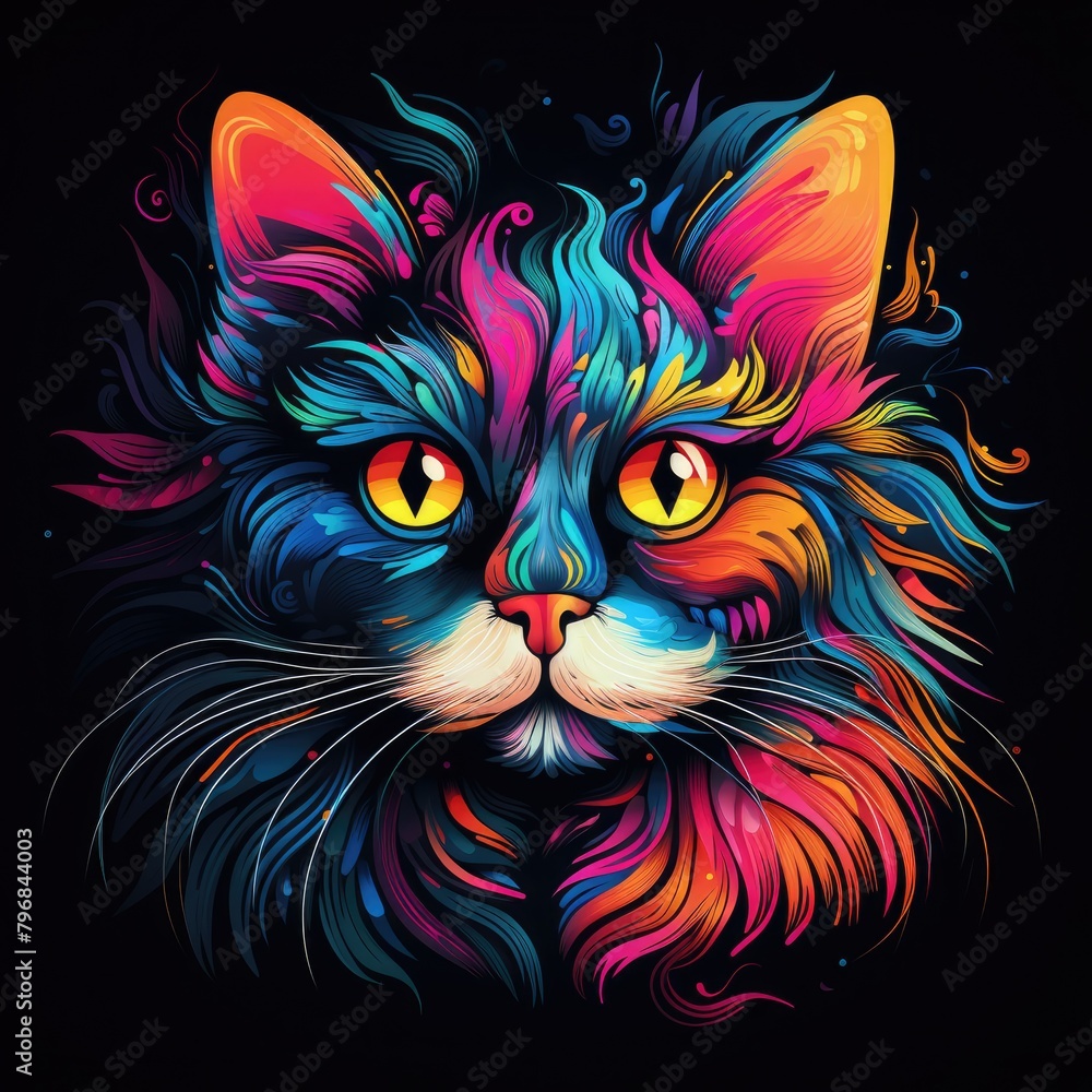 a portrait Illustration Cat Alice in Wonderland on a black background with vibrant neon colors, AI Generative
