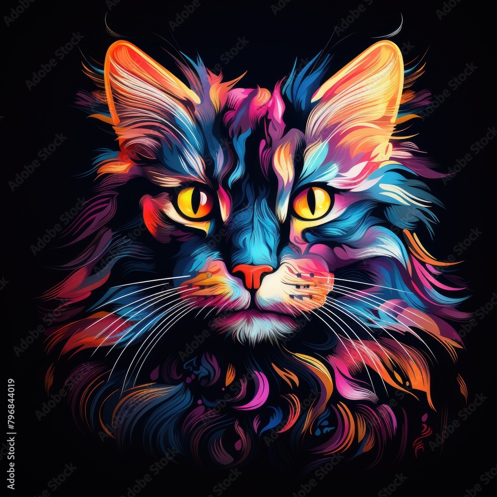 a Illustration Cat Alice in Wonderland on a black background with vibrant neon colors, AI Generative