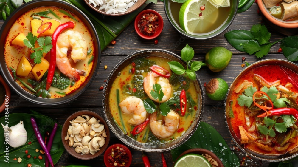 A close-up of a colorful spread of traditional Thai dishes, including green curry, mango sticky rice, and tom yum soup