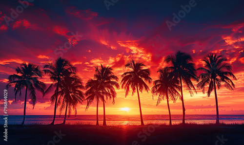 Vibrant sunset sky with silhouetted palm trees and radiant sunlight. Generate AI
