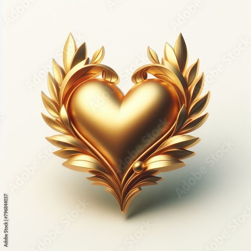 Golden heart. 3D golden model surrounded by clouds on a white background.