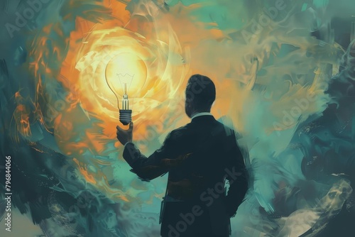 charismatic businessman holding virtual lightbulb symbolizing creative ideas and successful problemsolving digital painting photo