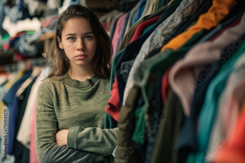 fast fashion, shopping and consumerism issue. Young woman standing in closet near rack with pile of too many clothes
