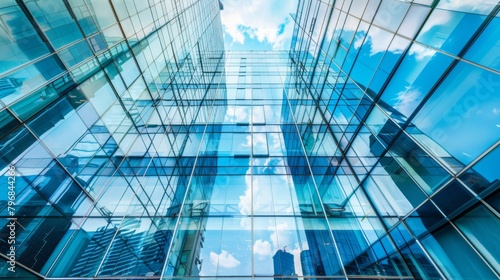 A close-up of a glass facade reflecting the surrounding cityscape, capturing the architectural beauty of a modern high-rise building.