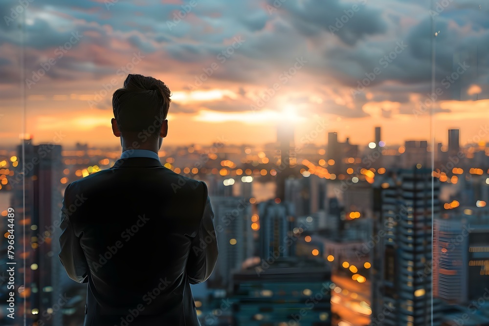 Fototapeta premium Businessman in office with city skyline in background: A perspective from behind. Concept Businessman, Office Setting, City Skyline, Perspective View, Rear View