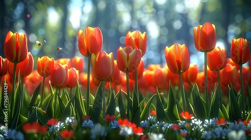 Illustrate a field of tulips bending in the wind, from the viewpoint of a crawling ladybug