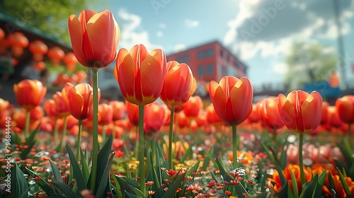 Illustrate a field of tulips bending in the wind, from the viewpoint of a crawling ladybug