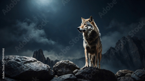 Low angle view of wolf standing on rock at night 