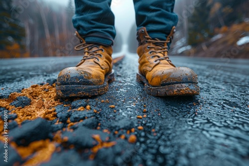 Mud-splattered boots taking a step on a rainy, glistening asphalt pathway in an outdoor setting