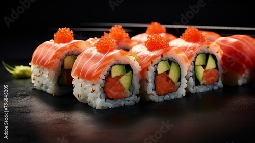 delicious fresh sushi rolls with salmon and avocado and rice placed on dark surface near chopsticks.
