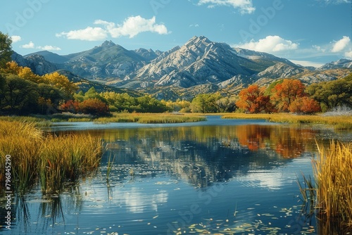 A serene landscape image showcasing the tranquil beauty of a mountain lake with mirrored reflections of vivid autumn colors and peaks
